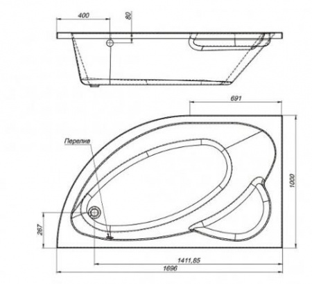 Ванна акриловая Mirsant ФАНАГОРИЯ  170x100 см. правая 