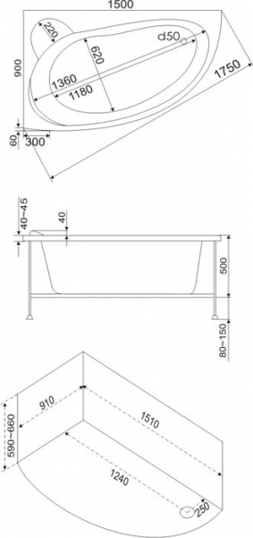 Ванна акриловая BAS ВЕКТРА В 00007 150x90 см. левая 