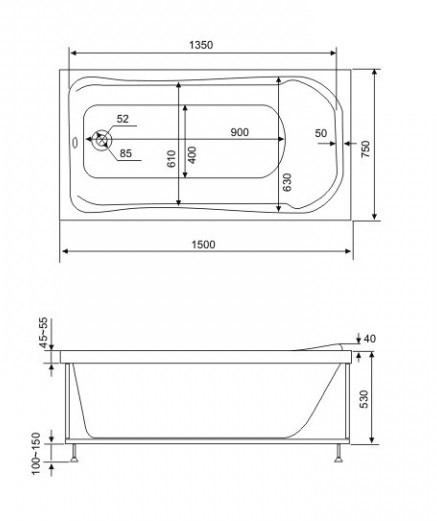 Ванна акриловая BAS БРИЗ В 00006 150x75 см. 