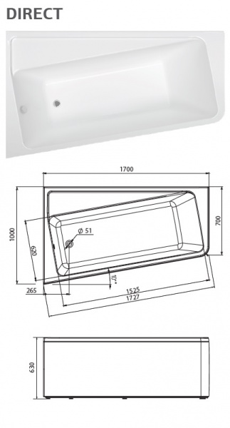 Ванна акриловая 1Marka DIRECT 01дир1710п 170x100 см. правая  Ванна акриловая 1Marka DIRECT 01дир1710п 170x100 см. правая