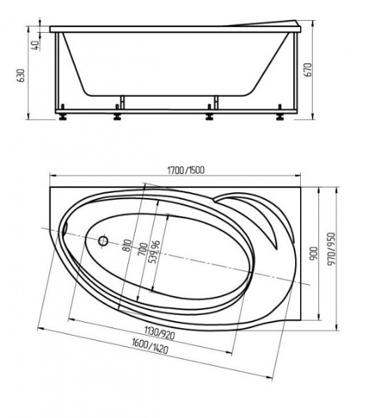 Ванна акриловая Aquatek БЕТТА  150x95 см. правая 